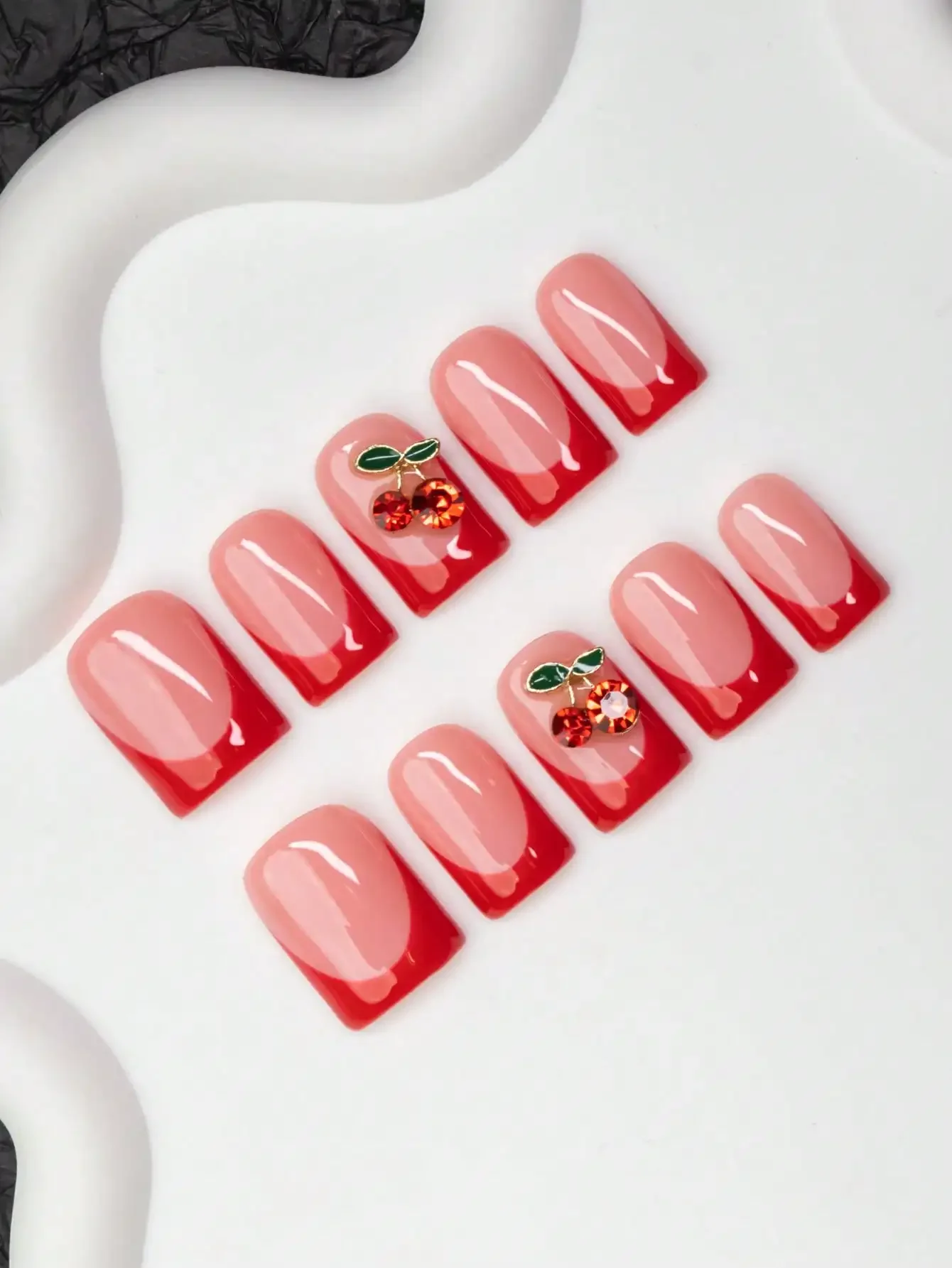 10pcs Square Shaped Handmade Nail Tips, Y2K Baddie Style, Nude & Orange Color With French Tips, Ombre, Floral Designs, Suitable