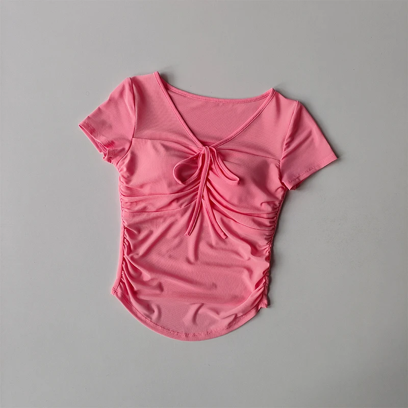 Neues Yoga-Kurzarm-T-Shirt für Damen mit Brustpolstern für Frühling und Sommer, schlichtes, schmales Mesh-Top für attraktive Mädchen. – Detail 7