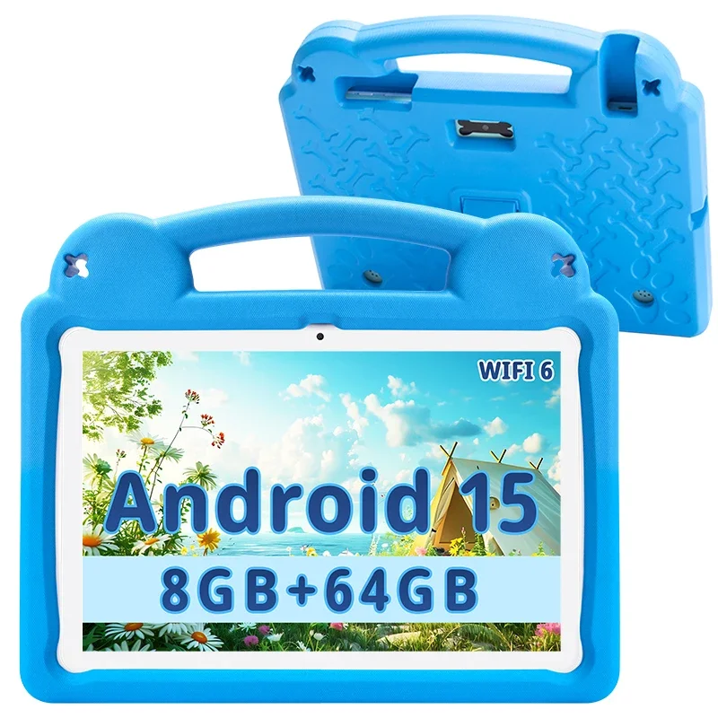تابلت 2025 للأطفال، تابلت Android 15 مقاس 10.1 بوصة للأطفال، 8+64 جيجابايت (توسيع سعة 1 تيرابايت)، ثماني النواة، مع حافظة واقية من مادة EVA، وضع حماية العين