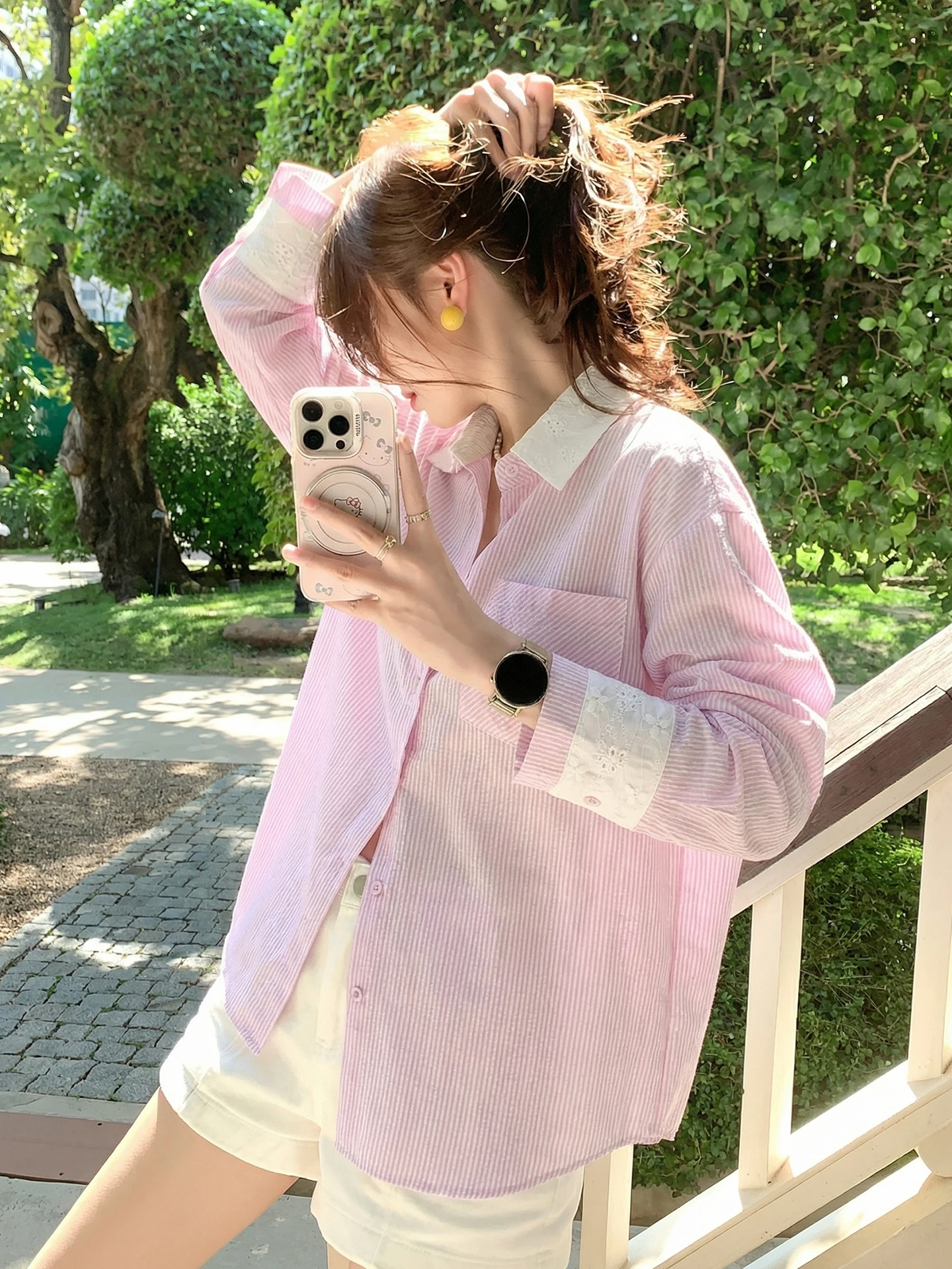 

Новая весенняя женская свободная куртка-рубашка с розовыми полосками, тонкая, с длинными рукавами, для повседневной носки, модная, с защитой от солнца, повседневный топ