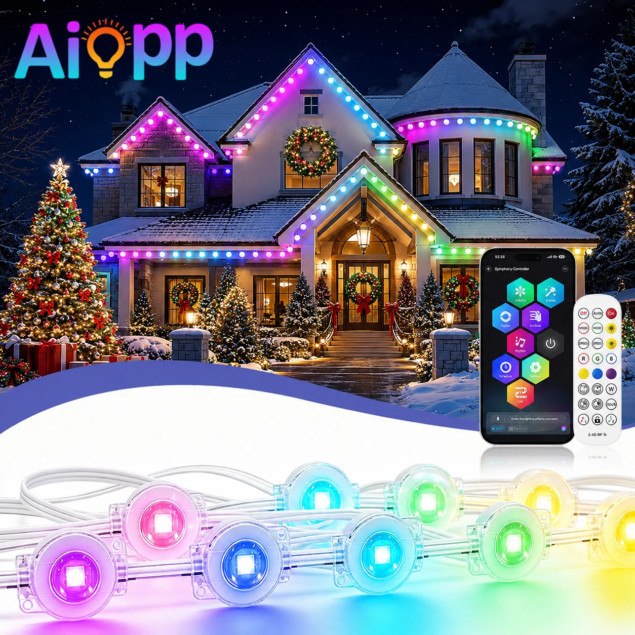 Festliche permanente LED-Lichterkette für den Außenbereich, mit Sprach- und Zeitfunktion, RGBIC-Wandbeleuchtung, wasserdichte Smart-House-Fassadenlampe für Weihnachtsfeierlichkeiten und