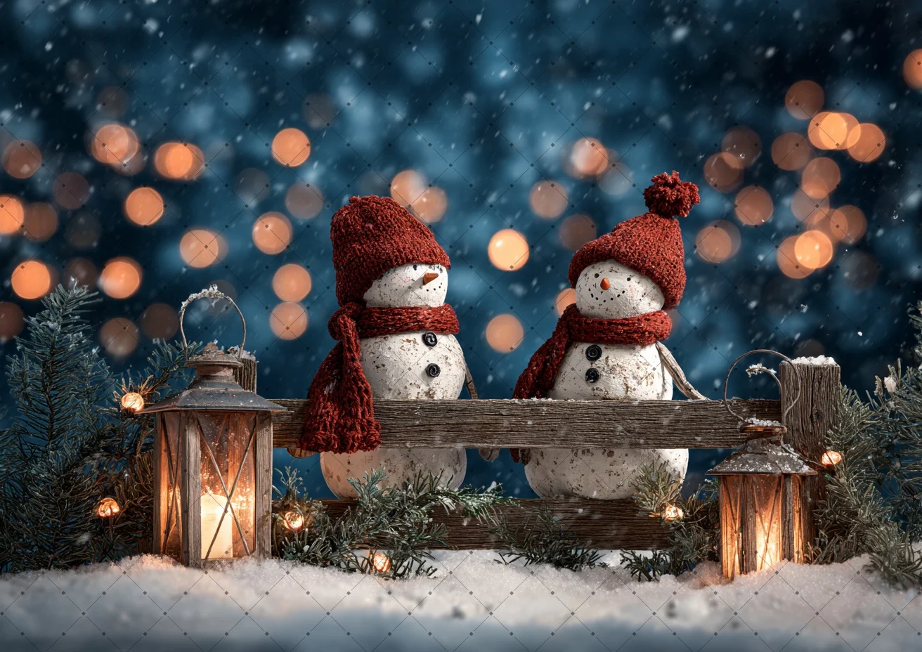 Cute Snowman Bokeh Light Snow Scene Photography Backdrop Winter Christmas Fence Lantern Portrait Photo Booth Shoot Props Decor