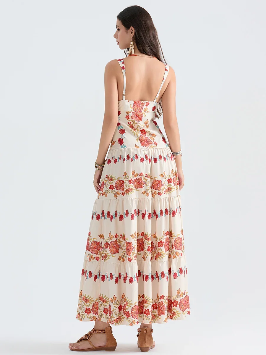 Vestido regata com estampa floral feminino, sem mangas, decote V profundo, vestido em camadas A, vestido longo e fluido, verão