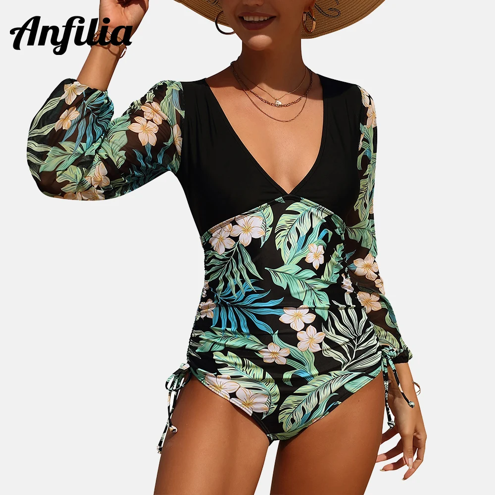 Anfilia Women Long Lantern Sleeve Rash Guard One Piece Swimsuit Sexy Plunge V Neck Swimwear Drawsting Tie Side Monokini