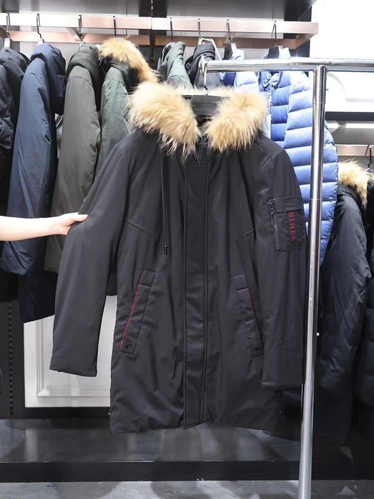 

Мужская удлиненная пуховая куртка Homesi с меховым капюшоном, сохраняющая тепло, осенне-зимняя верхняя одежда, простой дизайн, без бренда