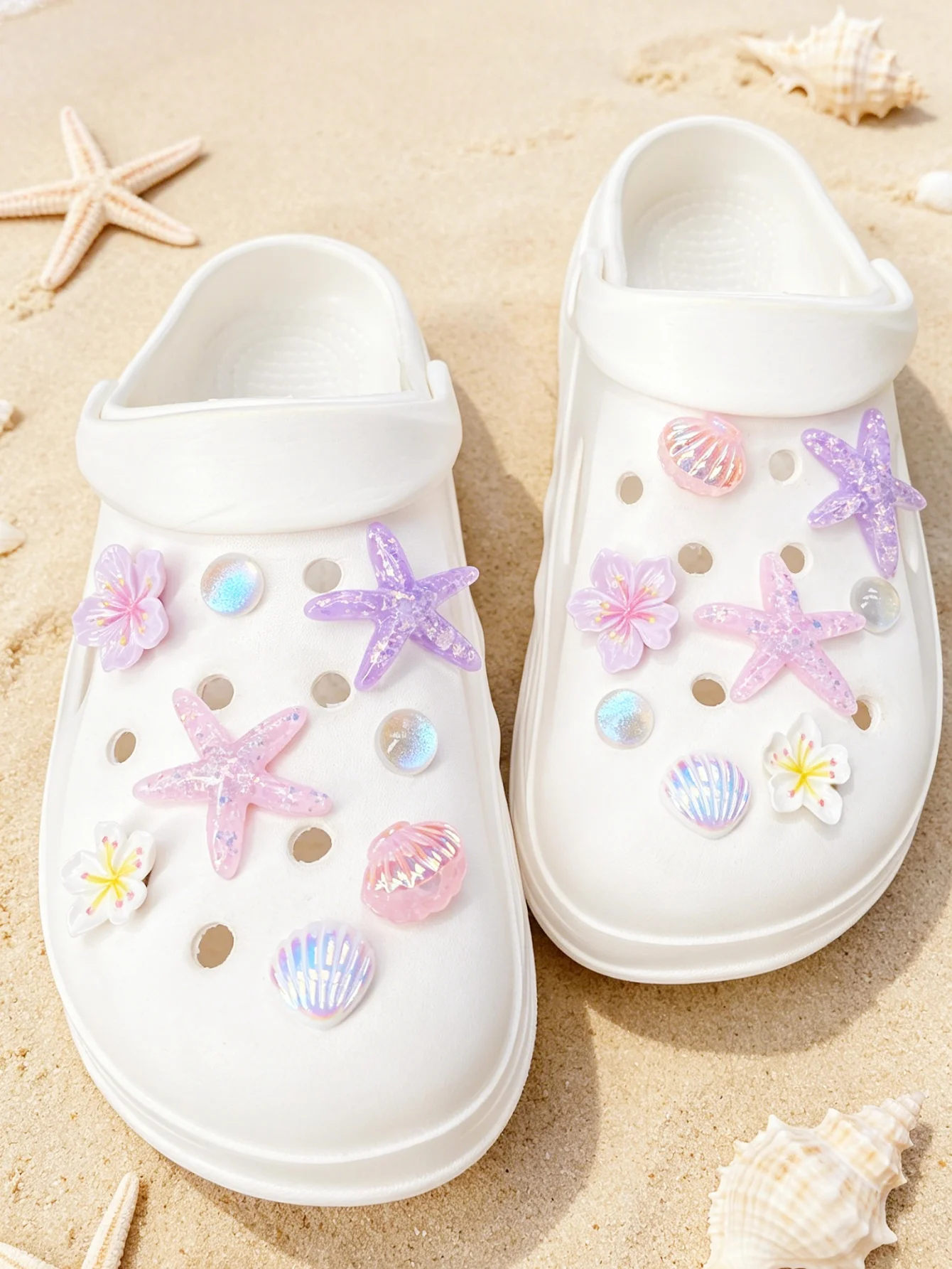 16pcs Multicolor Starfish Flower Shell Shoe Charms, Versatile DIY Garden Sandal Clips, Perfect Little Holiday Gift