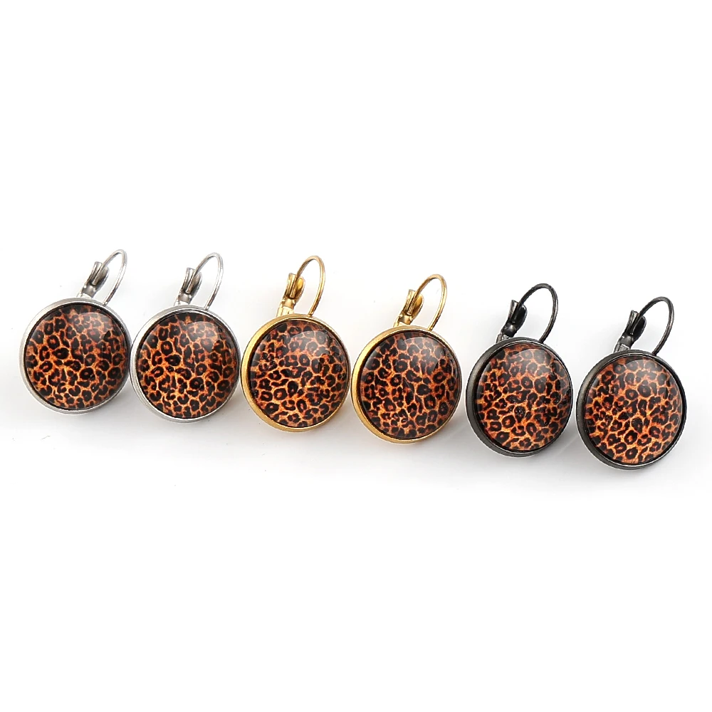 Vintage Round Glass Cabochon Leopard Print Leverback Earrings For Women Stainless Steel Silver Color Y2K Hoop Earring Jewelry