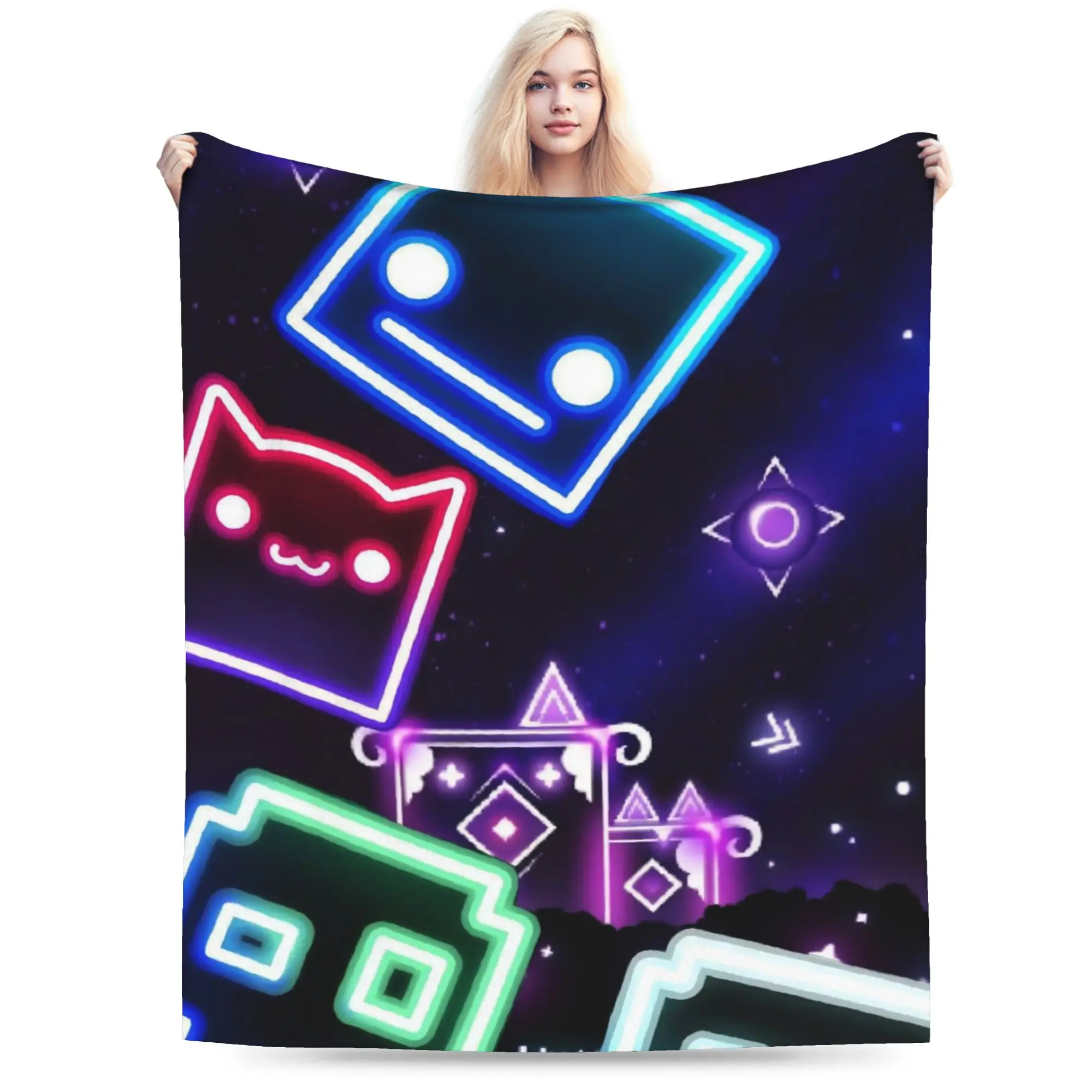 Super Soft Geometry Dash Games Throw Blanket Premium Flannel Fleece Lightweight Bed Blanket Cozy Fluffy Bedspread All Season Use