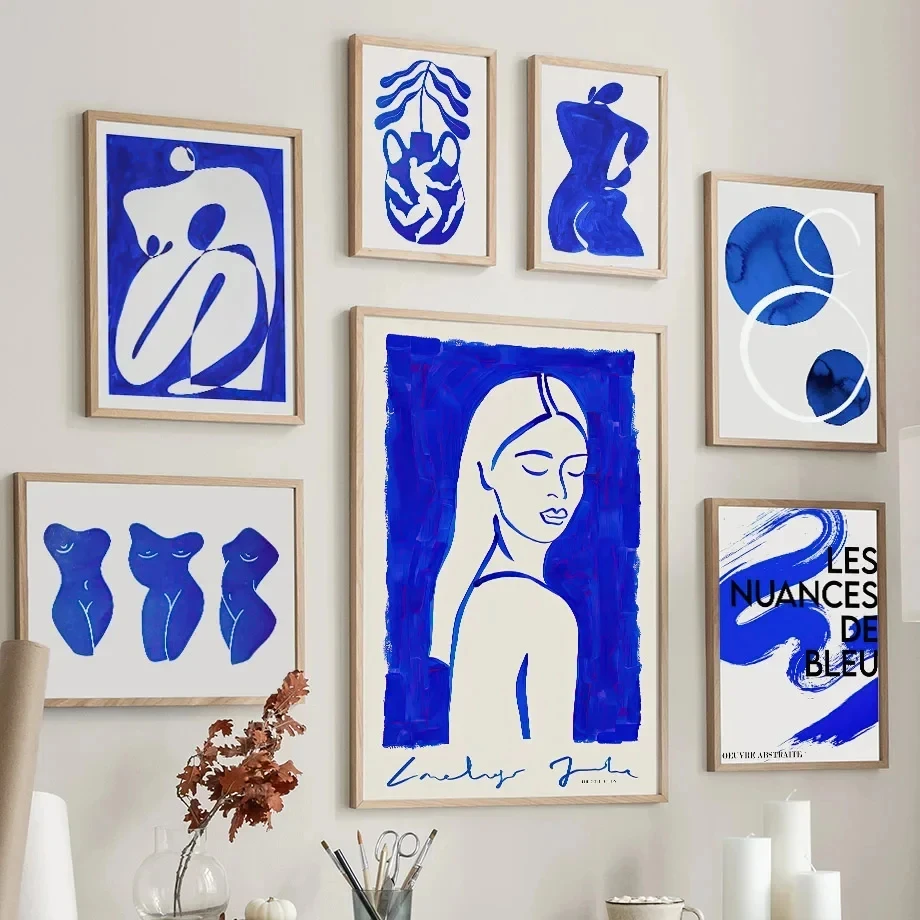 Wall Art Print Canvas Pictures Klein Blue Girl Vase Leaf Minimalist Abstract Living Room Home Decoration Painting Poster Salon