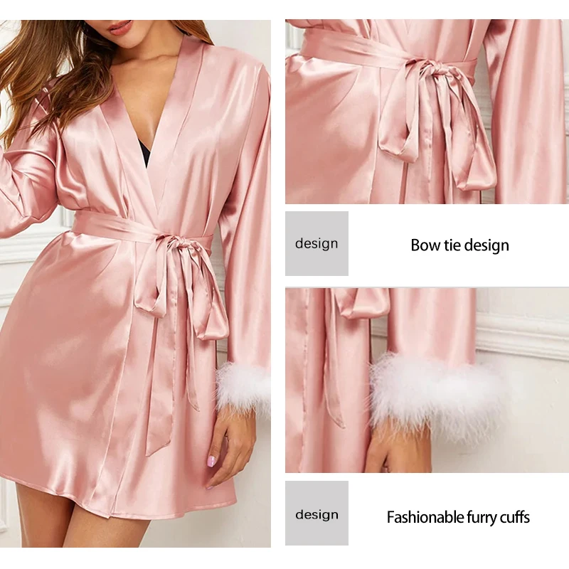 Sexy New Women\'s Plain Satin Long Robe Cardigan with Feather Cuffs and Waistband Loose and Comfortable Pajamas