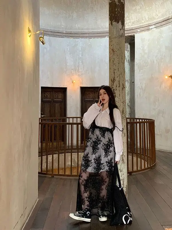 

plus Size 300 Pounds Sister See through Lace Strap Dress Set Women Summer White Long Sleeve Shirt Two Piece Set Fashionable E...