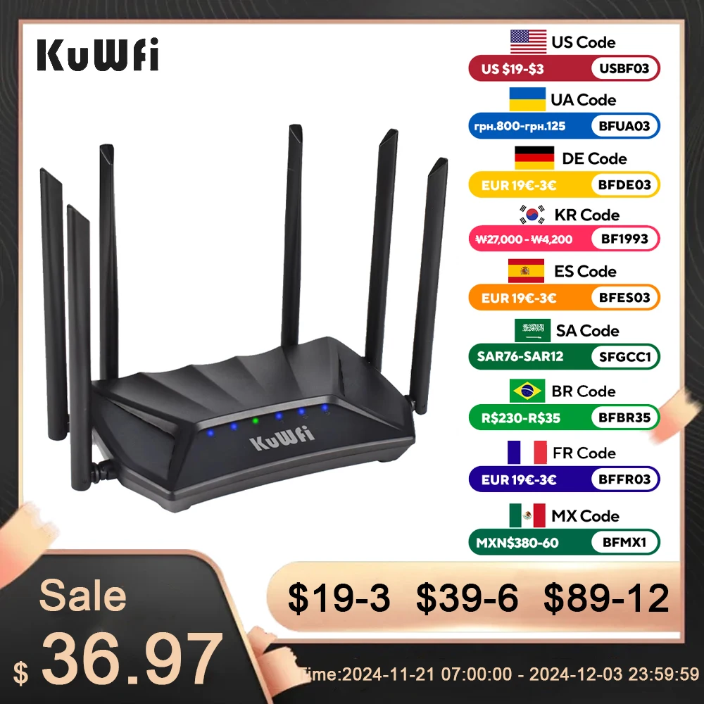 KuWFi 1200Mbps 4G LTE Router 2.4G 5G Dual Band Wireless Router with 6*5dBi High Gain Antennas with Gigabit WAN LAN Port