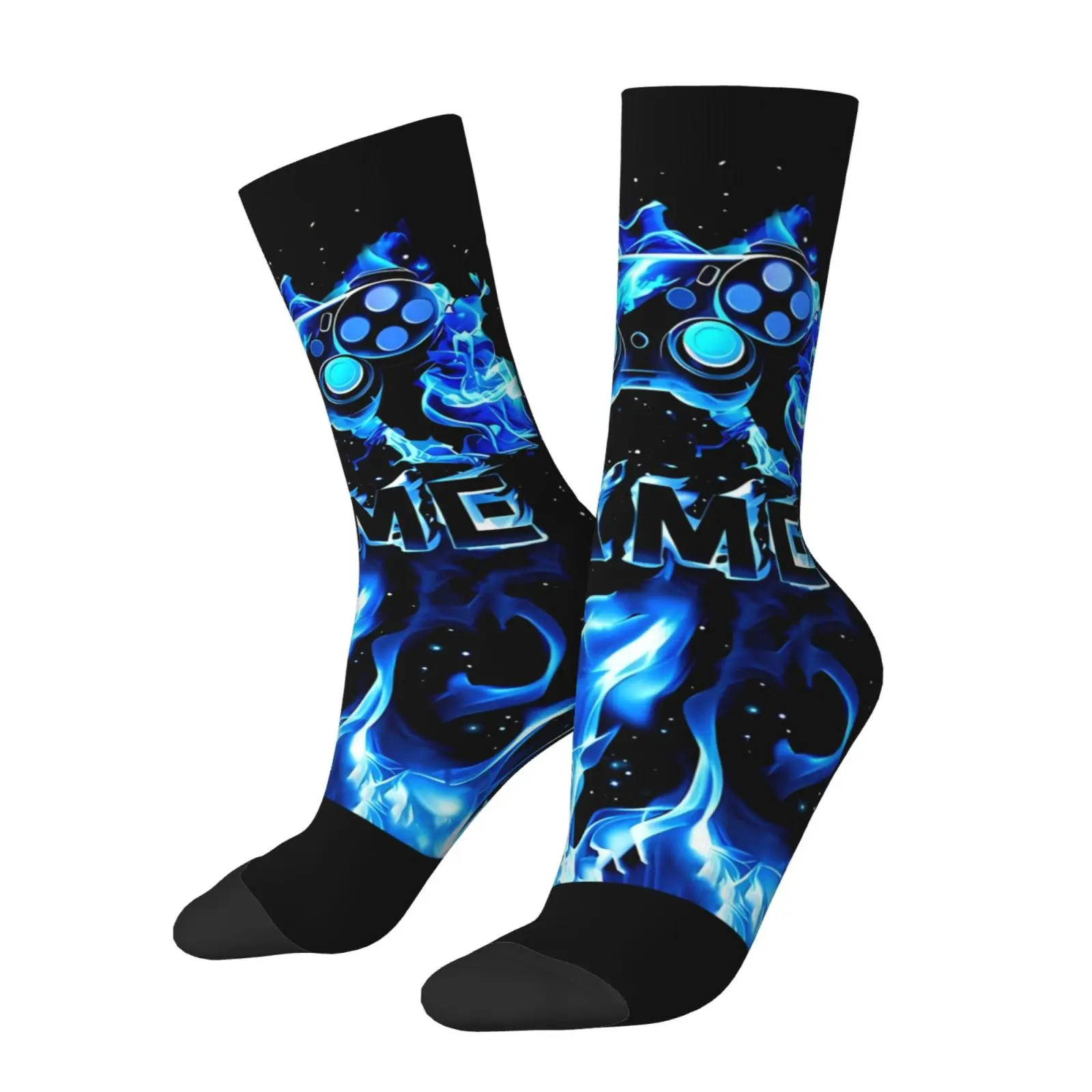 Blue Flame Game Controller Print Crew Socks One Size Black Mid Calf Socks Gaming Novelty Socks for Men Women