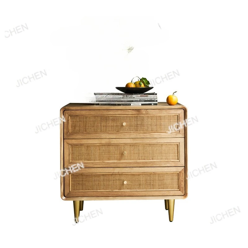 

Nordic solid wood three-bucket cabinet simple modern locker bedroom multi-functional bedside table rattan storage cabinet B & B