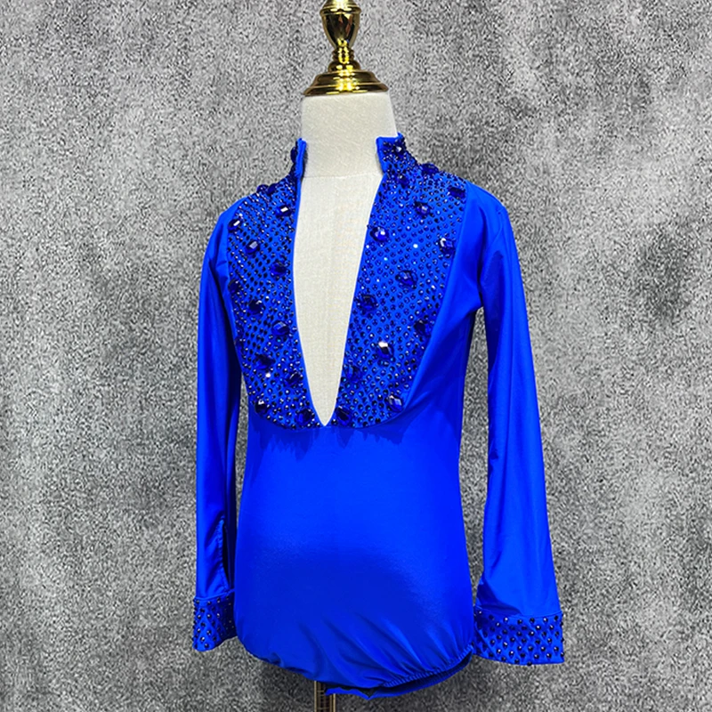 Neue Kinder Jungen Latin Dance Wettbewerb Kleidung blaue Tops Strass lange Ärmel Bodysuit Cha Cha Rumba Samba Tanz tragen dnv21008