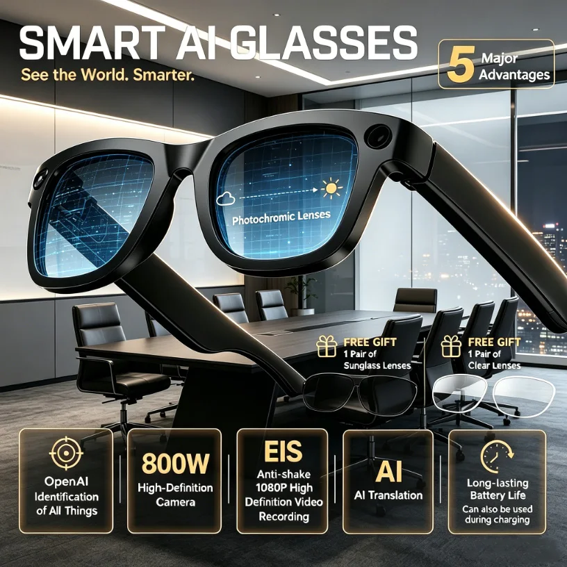 AI Smart Glasses 8MP Camera 1080P Video Recording Photo Shooting BT Call Music Player Voice AI Translation Sunglasses Men Women