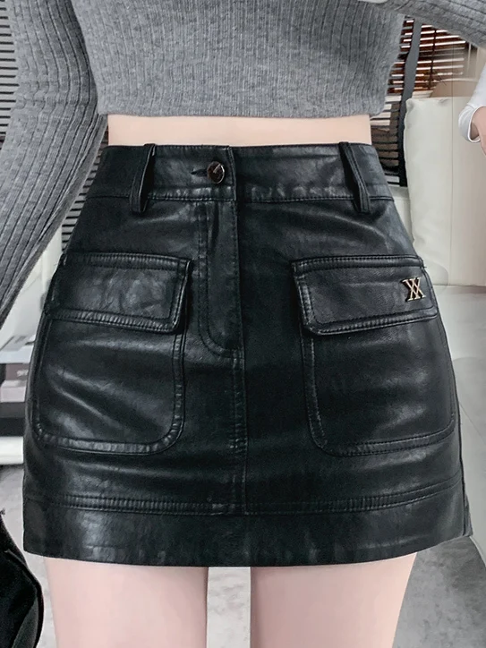 Café Brown High Waist Casual PU Leather Short Skirt Women's 2026 Spring Autumn Fashion Fake Two-Piece A-Line Base Skirt Pants