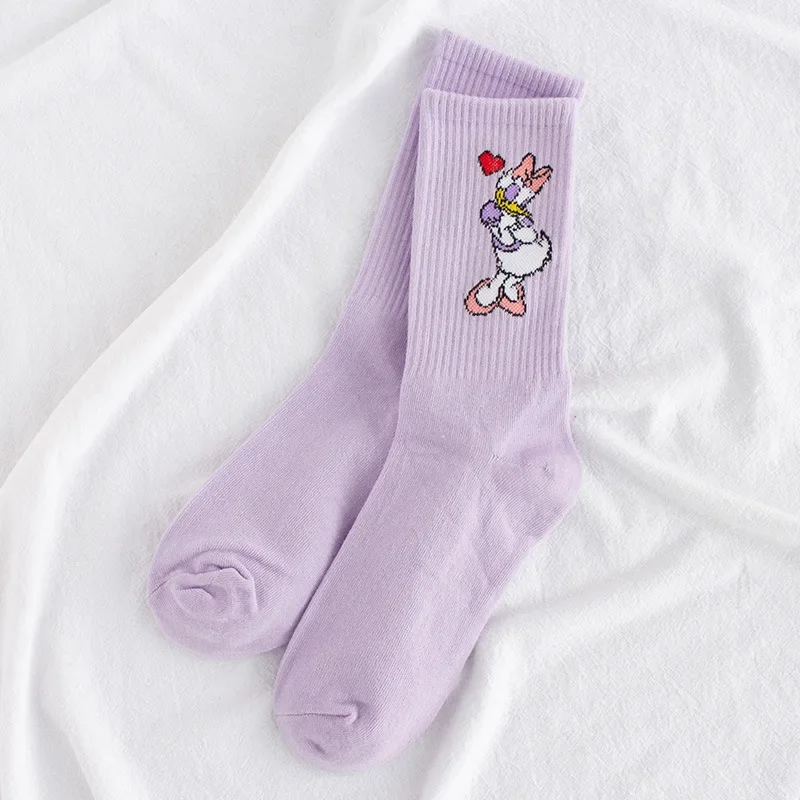 Disney's new ladies socks cotton knitted cartoon pattern does not fade fresh wind solid color socks adult tube socks