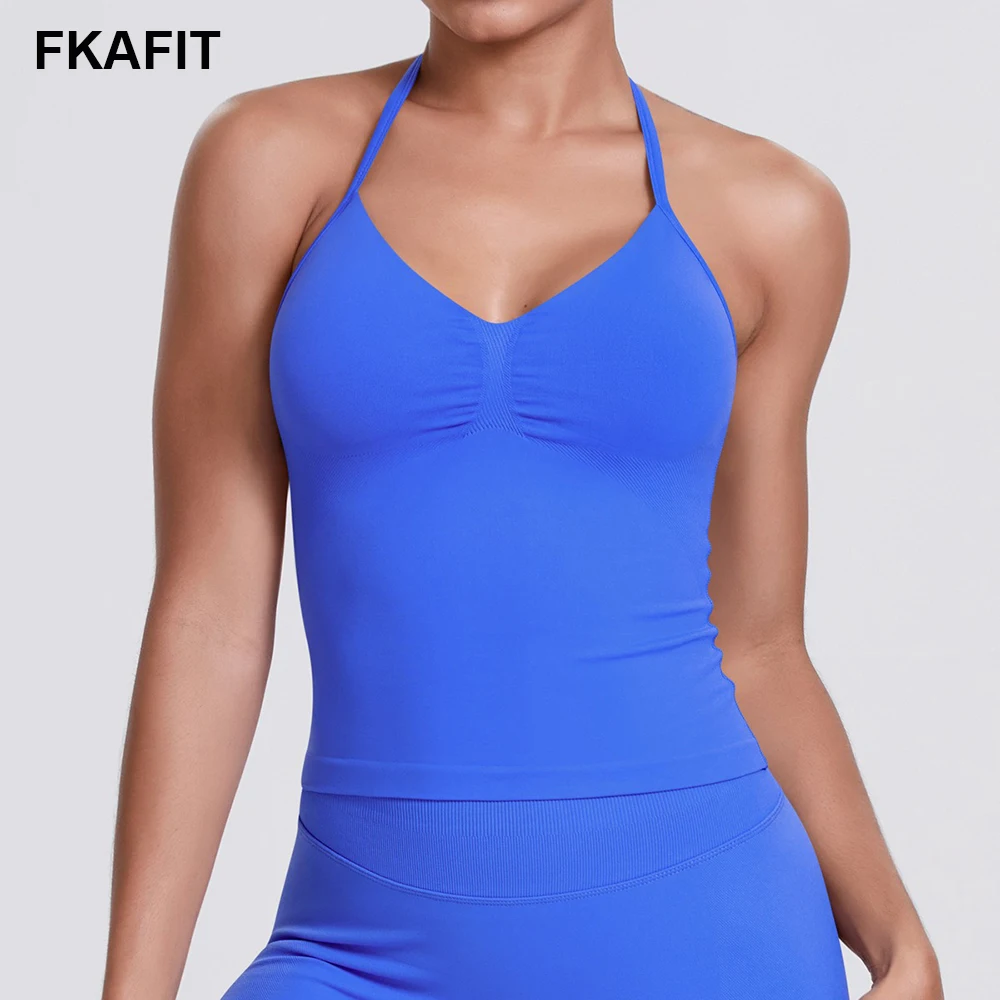 الخطوط الطويلة Strappy الصالة الرياضية عارية الذراعين الصالة الرياضية ملابس النساء اليوغا قمصان Scrunch المدمج في الصدرية مع كوب قابل للإزالة الرياضة Vset اليوغا تانك القمم #1