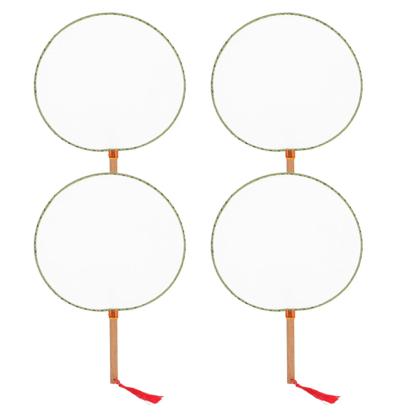 4pcs Asian Style Round Hand Fans with Bamboo Handle, Blank Fabric Surface for DIY Decoration, Summer Event Accessory