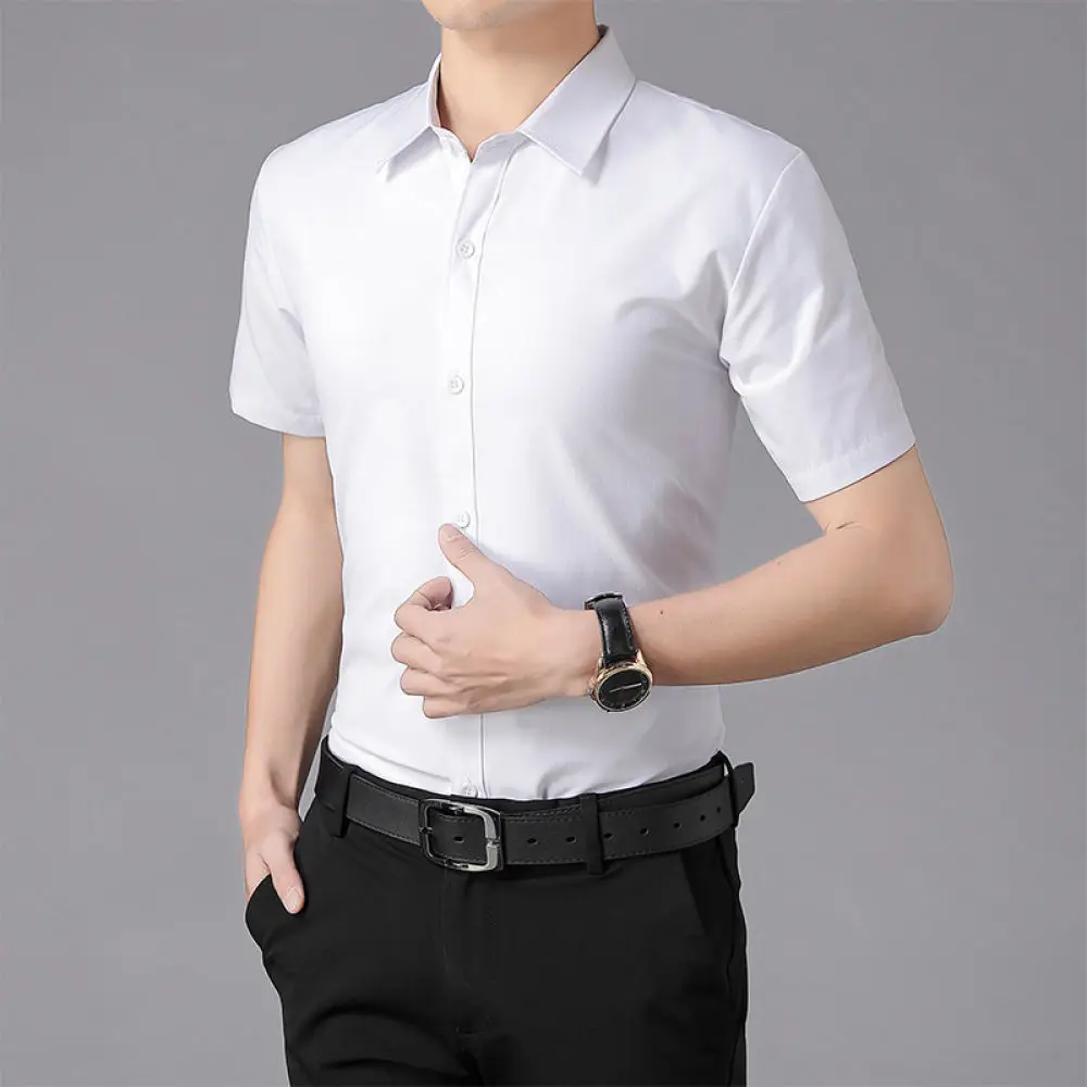 Mens Business Casual Shirt Short Sleeve Slim Fit Solid Color Professional Office Wear Summer Formal Dress Tops