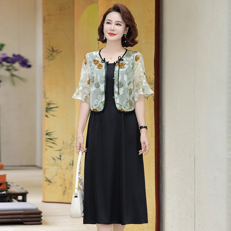 

New Chinese Sle Summer Dr Set Faionable Chiffon Skirt ort Sve Women's Clothing Mid-aged And ly Brand Summer ...