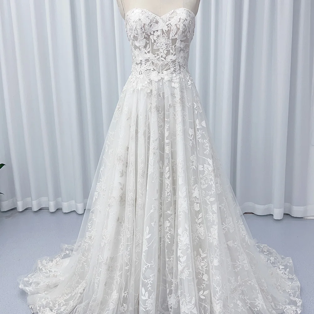 

Customized Formal Evening Sweetheart Sleeveless Women Lace Ball Gown A Line Wedding Dresses Hx19