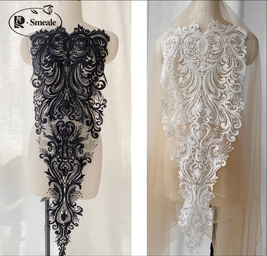 Wedding Embroidery Beading Big Flowers Ivory White Black Lace Applique Clothing Dress Patch Accessories RS2493