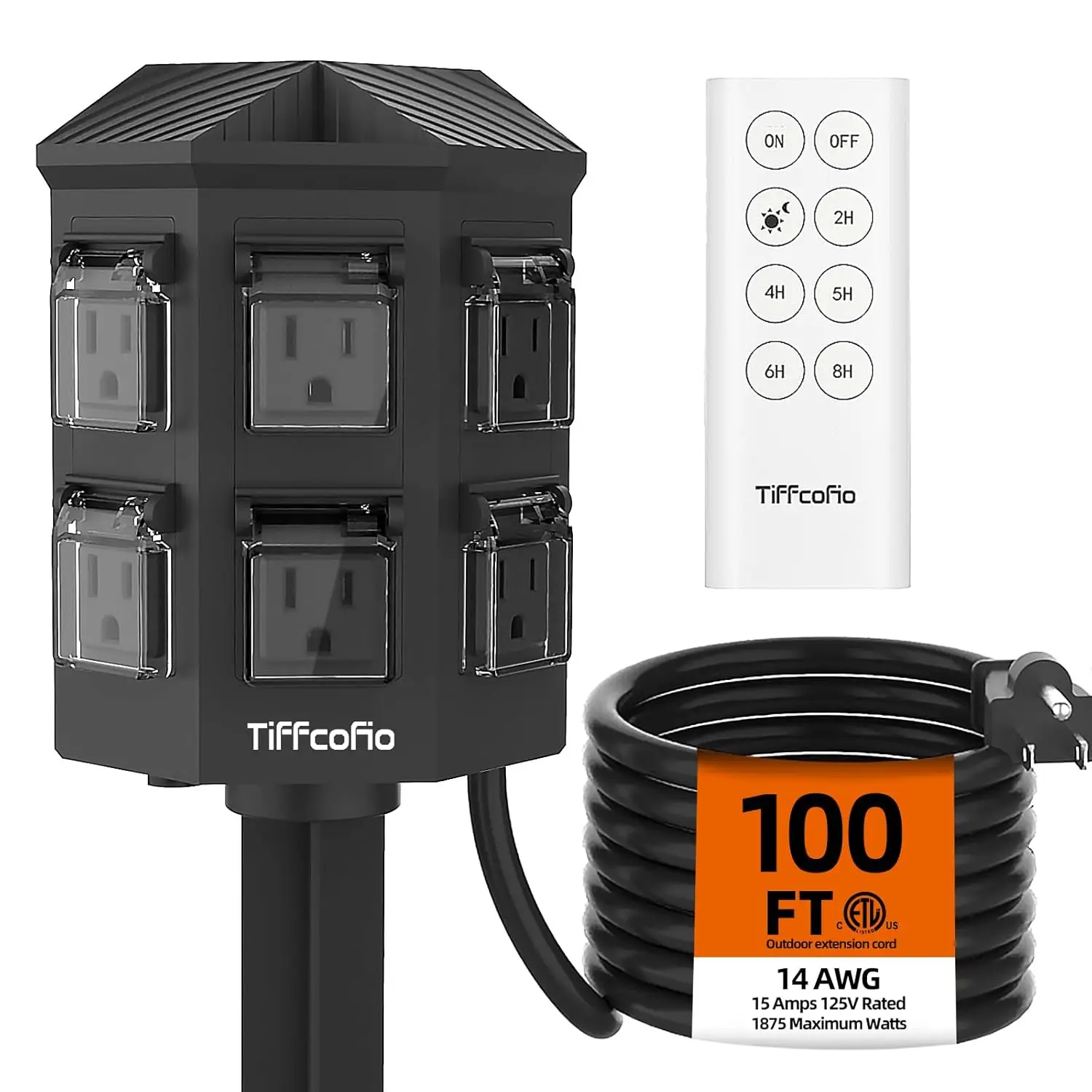 Power Stake Timer Waterproof, 100FT Extension Cord,  6 Grounded Outlets for Outdoor Decorations, 14 AWG, 15A/1875W, ETL Listed