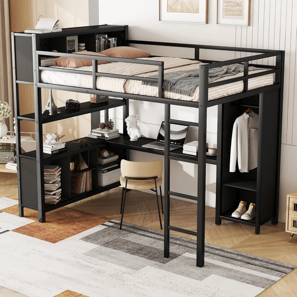 

Bellamave Metal Loft Bed with Wardrobe and L-Shaped Desk, Full Size Loft Bed with Storage Cubes and Shelves, Heavy Duty Loft Bed