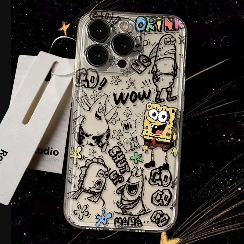 SpongeBob Sketch Clear Phone Case Cute Cartoon Black White Line Art Protective Cover Shockproof Soft Case for iPhone11‑16Pro Max