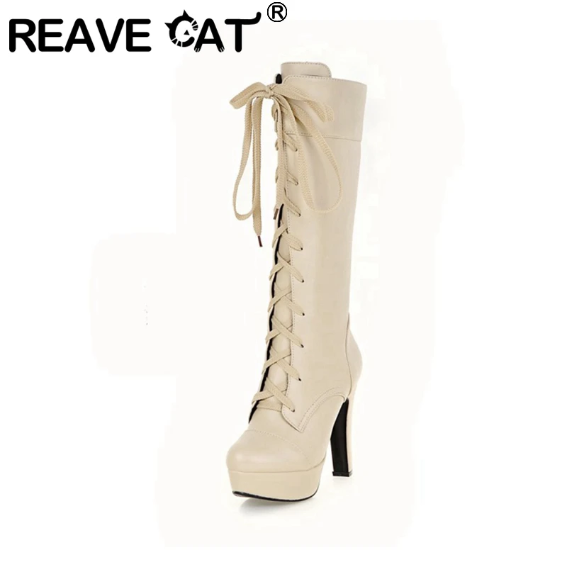 REAVE CAT British Ladies Knee High Boots Round Toe Lace Up 12CM Platforms Spike Heels Shoes Size 31-45 White A4206