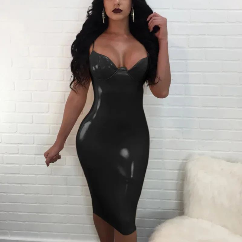 섹시한 광택 PU 가죽 바디콘 미디 드레스 여성용 민소매 로우컷 V넥 시스루 힙업 슬릿 백리스 클럽 파티 XGs;2