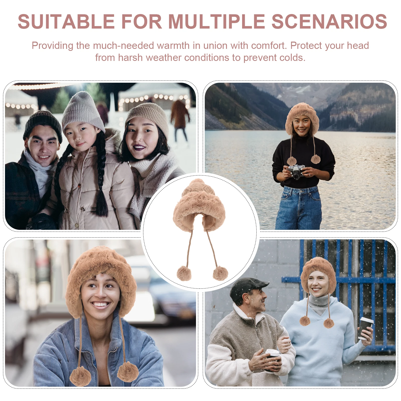 

Winter Warm Hat Women Coffee 3 Ball Design Thermal Woolen Cap Comfortable Breathable Polyester Material For Ski Outdoor