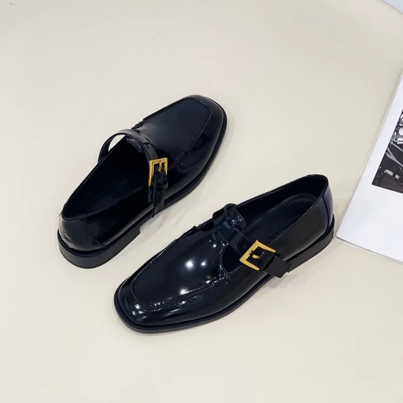 Mrxmus Dutit Minimalist Shallow Cut Flat Shoes 2024 Summer New Black Square Head Retro Needle Button Lefu Shoes Female