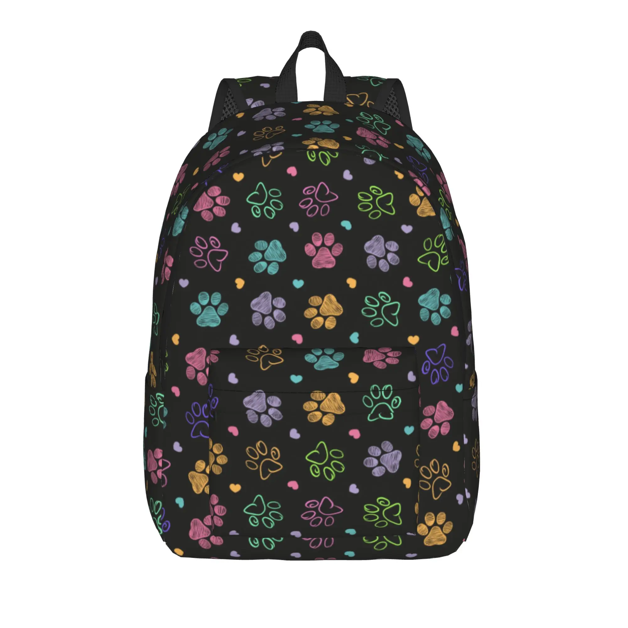 Colorful Doodle Paw Print Casual Backpack with Pocket High School Hiking Travel Dog Cat Daypack Laptop Shoulder Bag