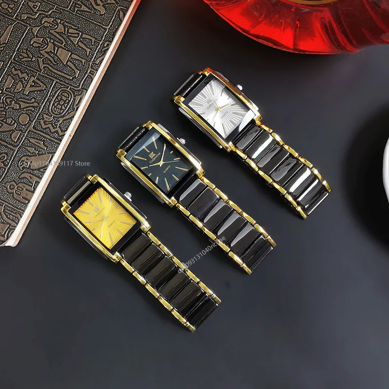 Керамические кварцевые мужские часы, модные роскошные прямоугольные наручные часы с календарем, черное золото, подарки для пары, часы Reloj Hombre
