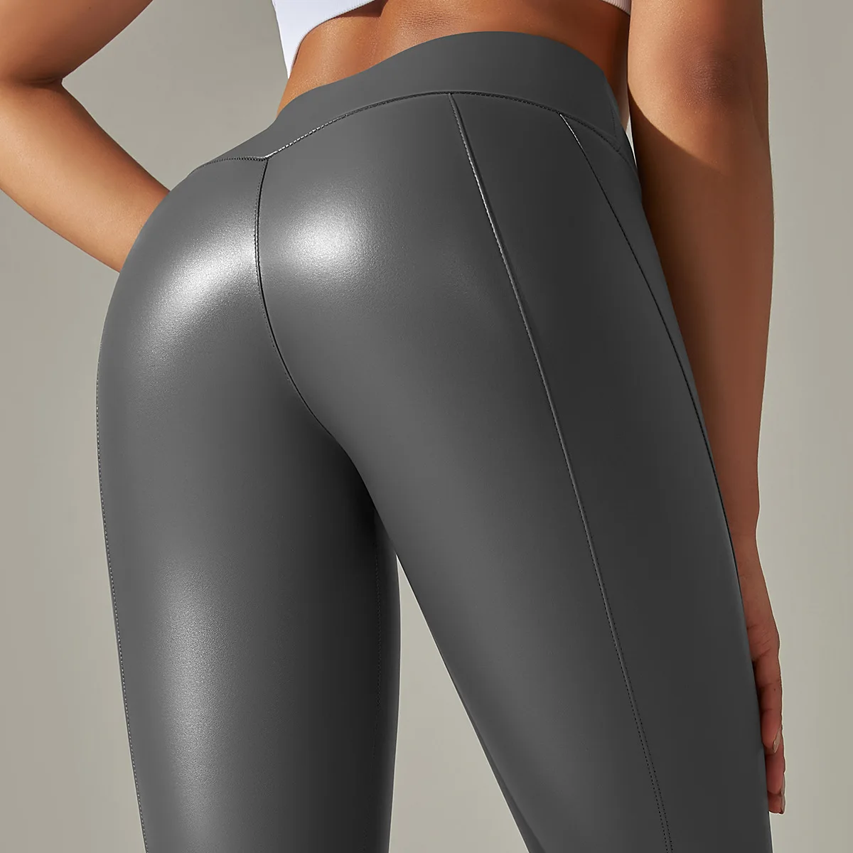 

Sexy hip lifting running women's PU leather leggings yoga leggings high waisted gray matte splicing Pleather pants 2024