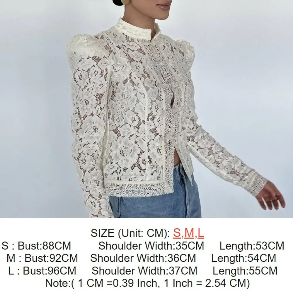 Einfarbige Bluse mit Stickerei, durchsichtige Bluse mit langen Ärmeln, Patchwork-Bluse, einreihig, schmal geschnitten, mit Lochmuster, Sommerkleidung – Detail 1