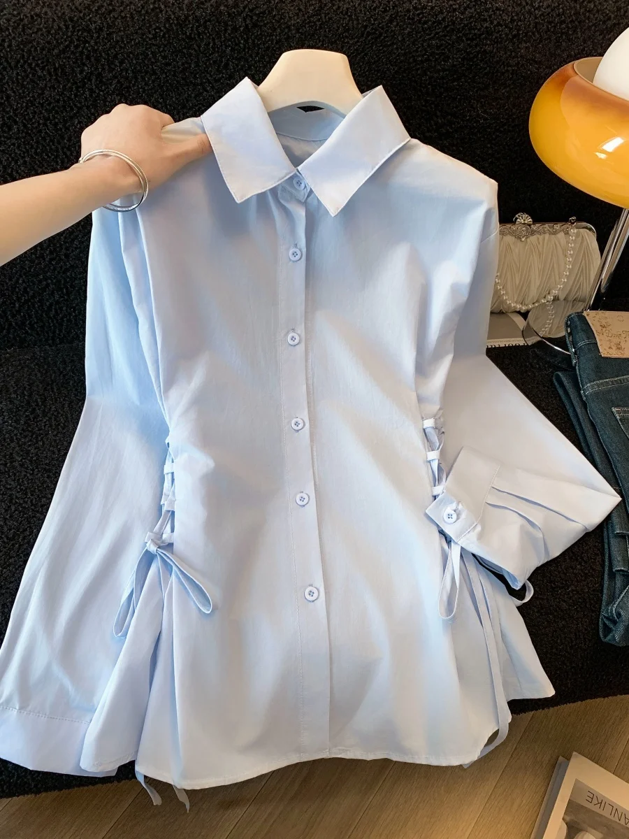 

Elegant Spring Collar Long Sleeve Shirt Women's Design Waist Cinched Belted Chic Top Outerwear Korean Style Loose Fit