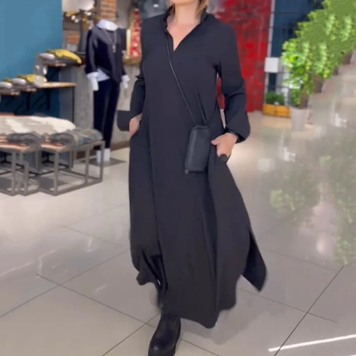 

Loose Casual Solid Dress For Women Elegant Lapel Long Sleeve Big Hem Side Split Long Dresses 2024 Autumn Fashion New Lady Robe