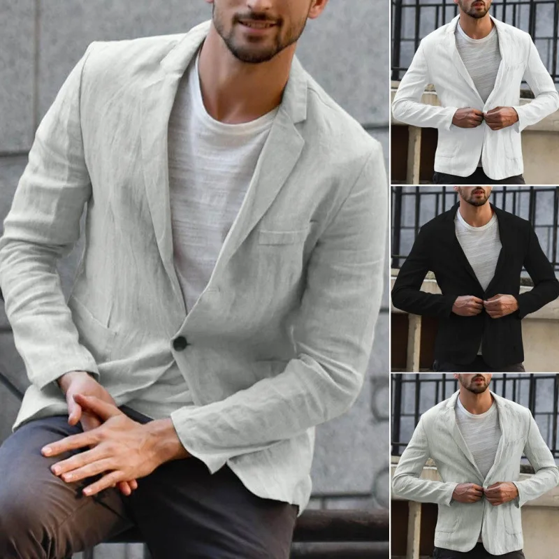 

Men Suit Jacket Blazer Coat Single Button Multiple Pockets Turn Down Collar Smart Casual Jackets Male Spring Autumn Outerwear