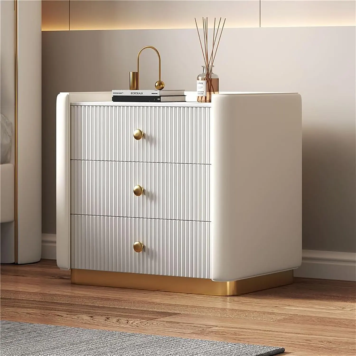 

Luxury 3-Drawer Bedside Cabinet,Modern Minimalist Nightstand with Elevated Stone Top & Solid Wood Frame, Faux Leather Bedside
