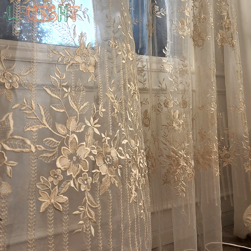 

American Light Luxury Style Embroidered Window Screen Living Room Floor-to-ceiling Window Bedroom Bay Window Villa Customization