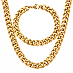 Gold Color Stainless Steel 9mm Thick Cuban Link Chain Bracelets Necklace For Women Men Fashion Party Wedding Jewelry Sets Gift