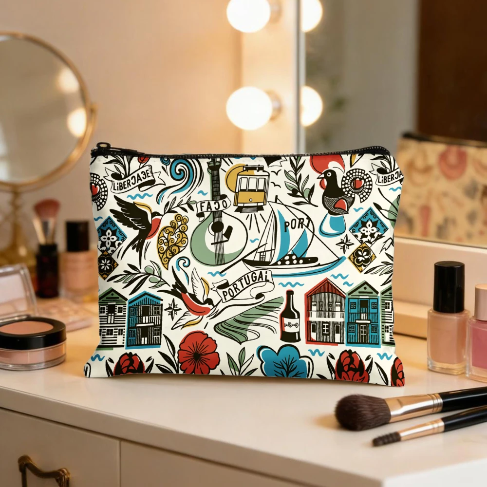 Portugal Fado Tram Bird House Bolsas de maquillaje para niñas, bolsa de cosméticos, bolsa de aseo, estuche para lápices, almacenamiento de viaje
