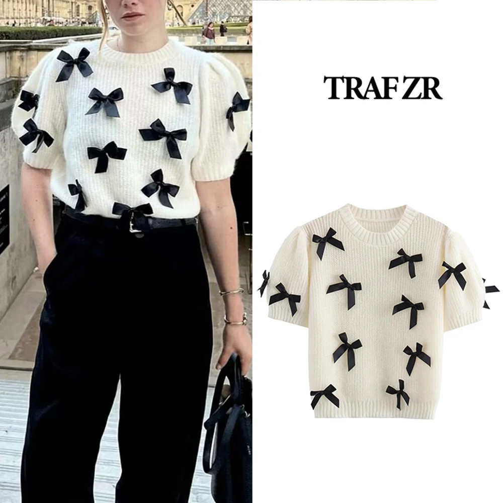 

TRAF ZR High Street Ladies O-neck Sweater Vintage Chic Pullover Sweaters for Women Y2k Short Sleeve Knitwear Outfits with Bows