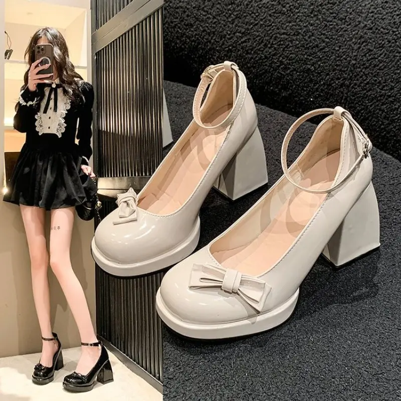 2024 NEW fashion Women Pumps Thick High Heels Shoes Female Lolita Square Toe Shoes Spring Fashion Party Leather Woman Shoes New