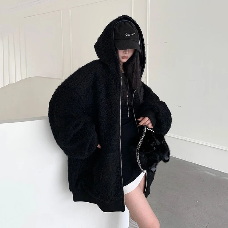 Black Faux Lambs Pu Jacket Women Y2K Winter Warm Loose Zipper Hooded Coats Streetwear Double Sided Wear All Match Outerwear New