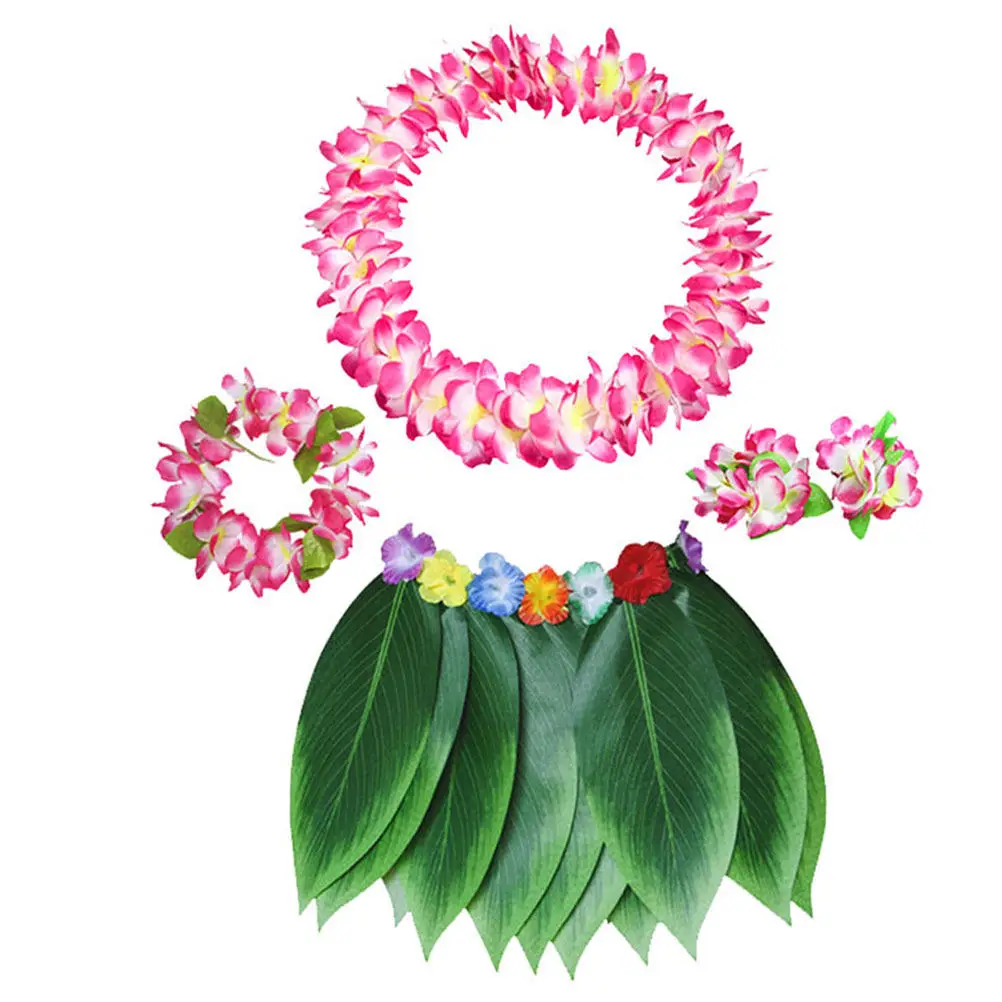 5Pcs Hawaiian Floral Garland Set for Kids Realistic Artificial Flower Leaf Skirt Bracelet Headband Neck Loop Tropical Luau